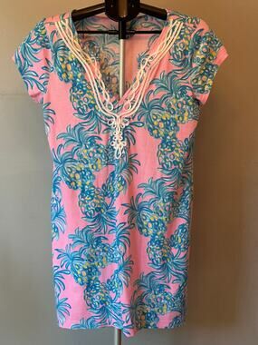 Lilly Pulitzer T-Shirt‎ Dress Womens L Pink Pineapple Soutache Preppy Resortwear